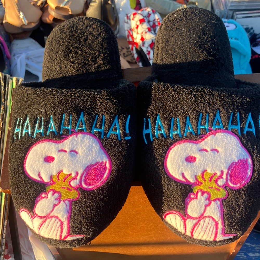 Black Snoopy Slippers with Pink and Blue Accents